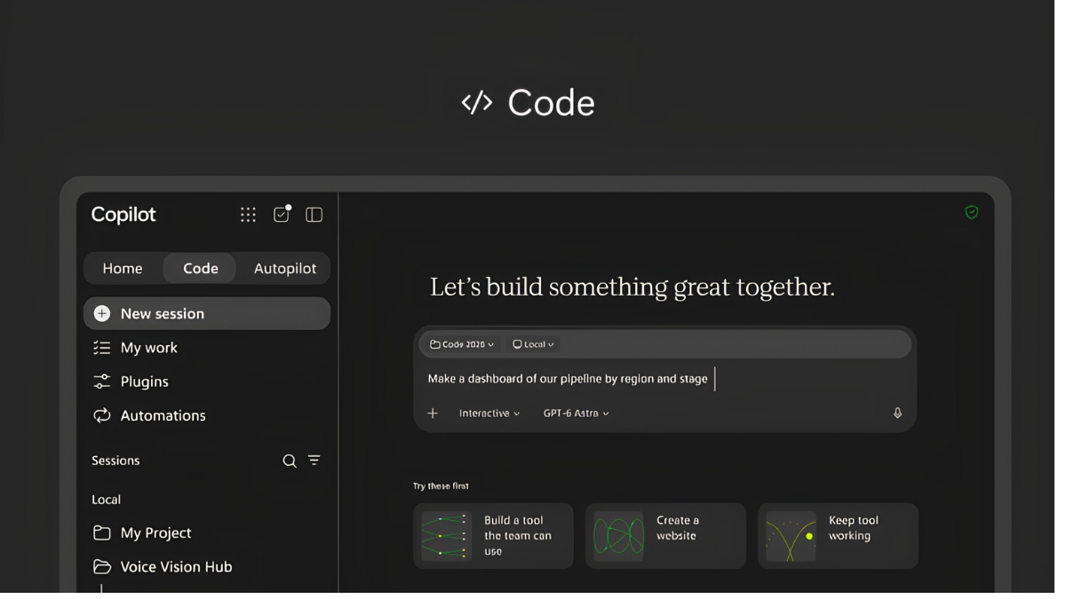 Microsoft Copilot Gets Autonomous Agents and a New Workspace 1 Dark Copilot sidebar with Code tab selected beside a prompt to make a pipeline dashboard interface.