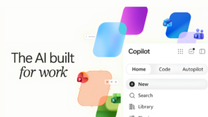 Text The AI built for work beside Office icons and a Copilot menu highlighting the Home tab interface.