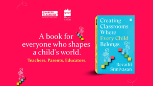 Text sits on the left of a pink background, beside the Creating Classrooms Where Every Child Belongs book on the right.