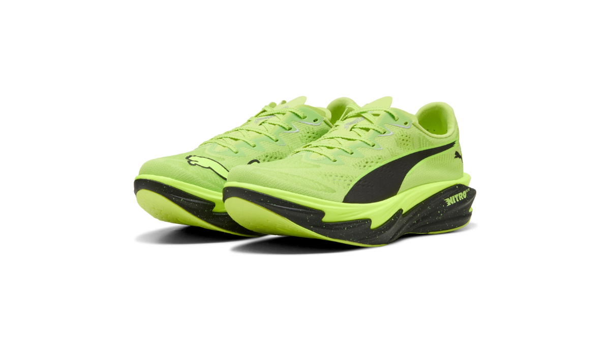 Bright marathon supershoes arrive in India starting at Rs 21,999 1 Two neon green Deviate NITRO Elite 4 shoes angle right, showing black side stripes across a white background.
