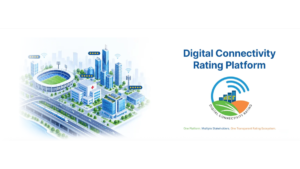 Digital Connectivity Rating Platform graphic with Citizens, Property Managers, and DCRA icons above city buildings visual.
