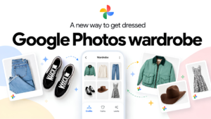 Blue jeans, sneakers, green jacket, brown hat, and silver dress below the Google Photos wardrobe text announcement.