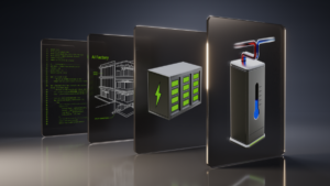 Code lines, AI Factory blueprint, battery block, and cooling unit with pipes for NVIDIA DSX Ready infrastructure.