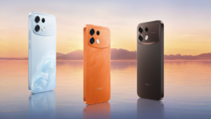 Light blue, orange, and black Oppo F35 Series 5G phones standing on reflective water before distant hills, lineup.