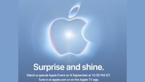 Glowing Apple logo above Surprise and shine text for the foldable iPhone Ultra launch against a blue background poster
