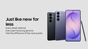 Promotional text, black and violet Galaxy S26 phone backs, front display with wallpaper, and stylus on grey backdrop.