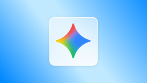 In the foreground, the Google Gemini app for Windows star sits on a rounded white tile, backed by a soft blue gradient.