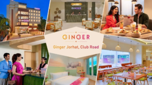 Hotel exterior, reception desk, guest room bed, and restaurant dining collage at Ginger Jorhat, Club Road.