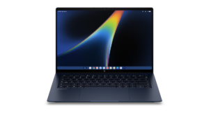 Trackpad and dark keyboard leading to the HP Googlebook 14 screen with colourful gradient wallpaper hardware.