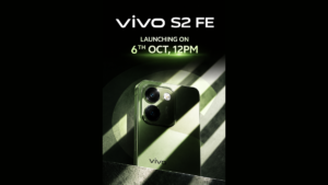 Green Vivo S2 FE rear panel, illuminated front display, and launch announcement text on dark background graphic.