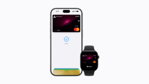 iPhone showing Apple Pay with an Axis Bank card and checkmark, next to an Apple Watch on white background screen.