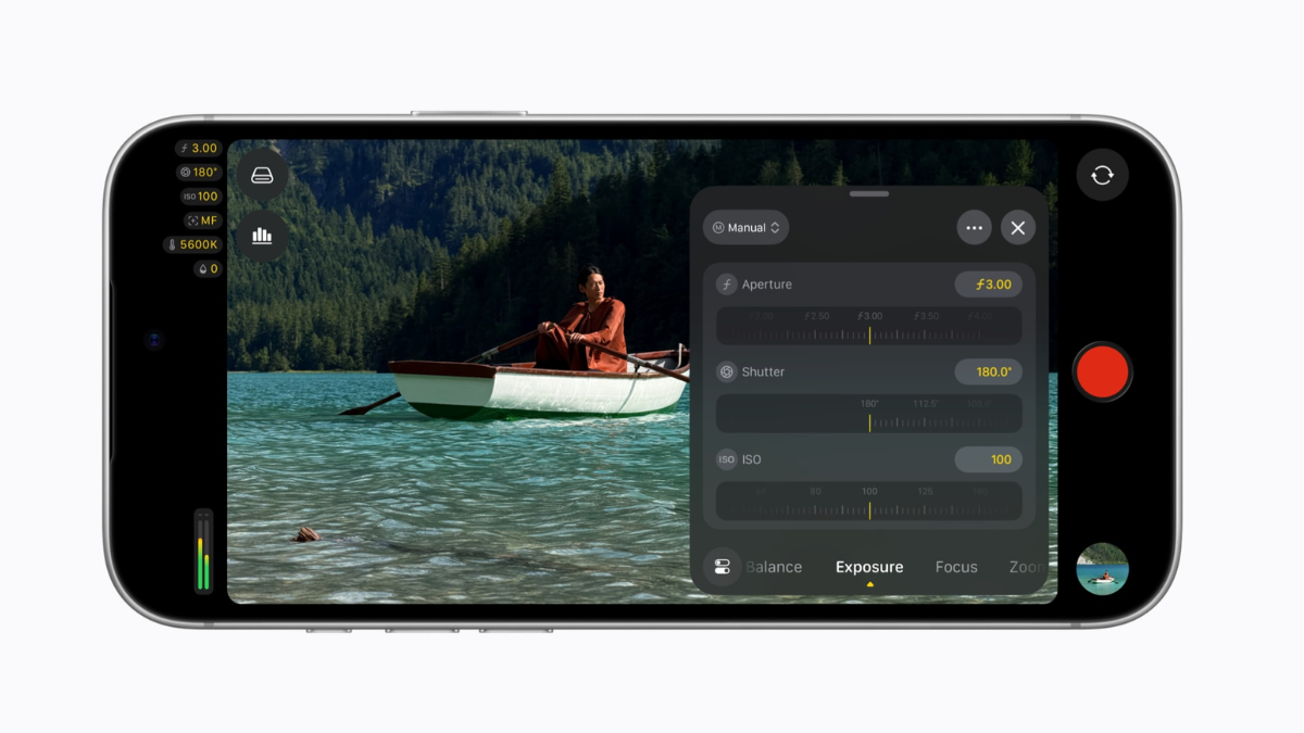 Final Cut Camera 2.4 Adds Variable Aperture Controls 1 Left icons, person in small boat on lake with trees behind, manual exposure slider overlay on right, viewfinder.