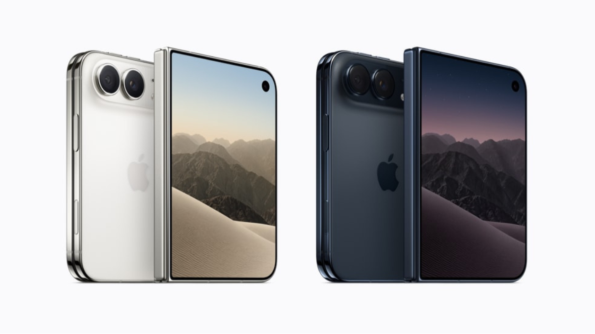 First foldable iPhone Duo lands with Rs 2,99,900 price tag 1 Hand holding closed phone beside hands holding unfolded inner display showing building interior, comparison.