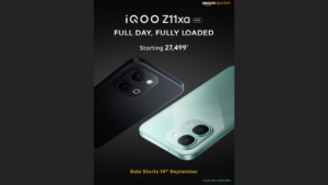 Black phone back on left, green iQOO Z11xa 5G rear panel with dual lenses in foreground, smartphone.