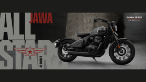 A graphic banner on the left sits beside a Jawa 42 Bobber motorcycle parked on the right against a plain grey wall.