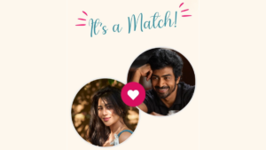 Text above circular portraits of Aishwarya Lekshmi on the left and Arjun Das on the right linked by a heart icon for #Love.