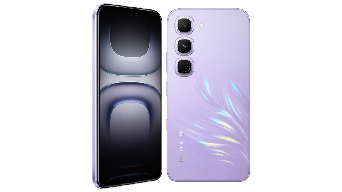 Dark smartphone display next to purple rear panel with reflective patterns two camera lenses and matrix screen device.