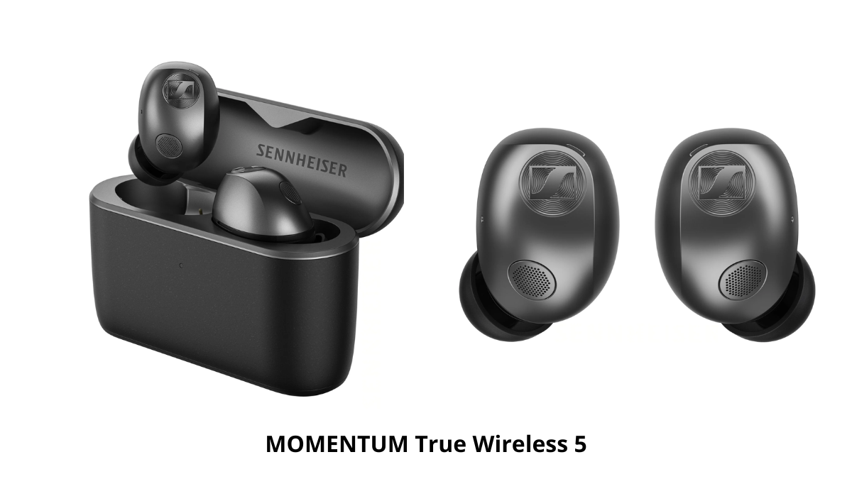 New Momentum 5 series arrives with swappable batteries 1 Open charging case with docked bud beside two rounded earbuds with mesh grilles and metallic brand emblems hardware.