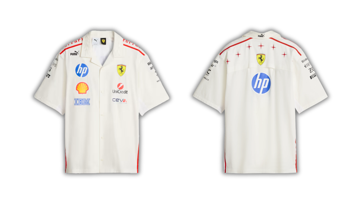 Retro Scuderia Ferrari HP Monza Limited Edition hits stores 1 Front view on the left and rear view on the right of a white Scuderia Ferrari HP Monza shirt, against a white backdrop.