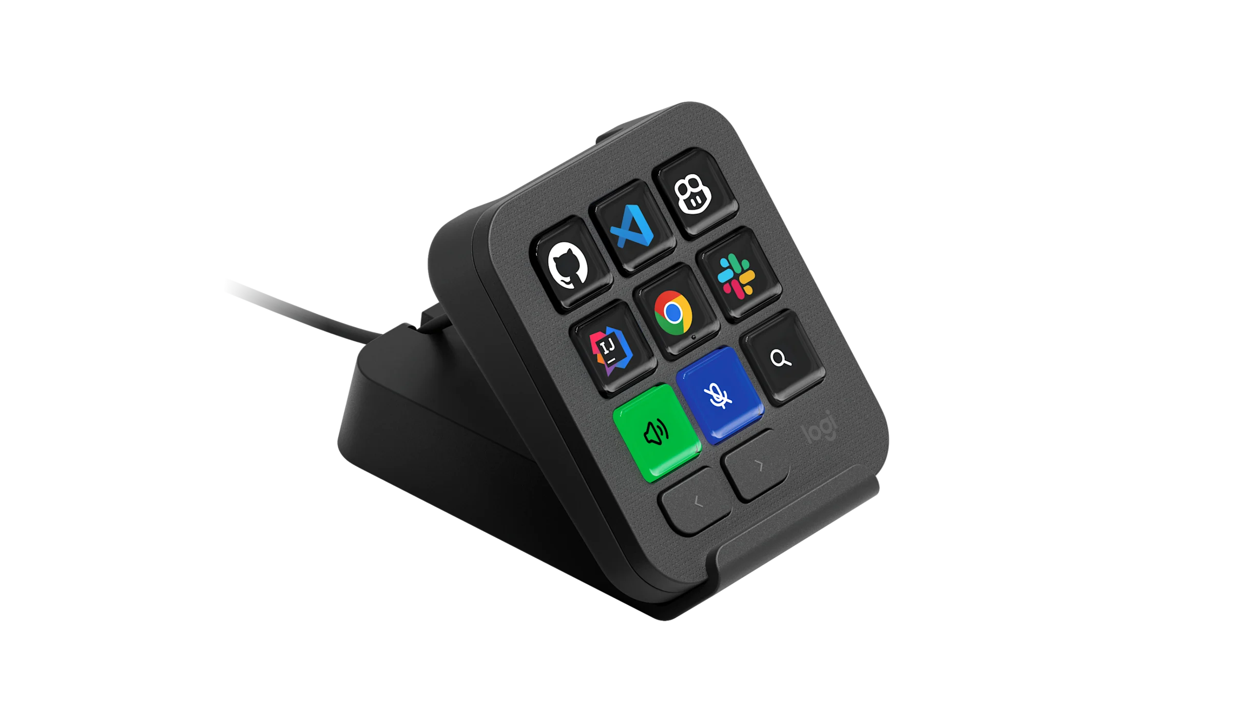 Physical AI control board arrives with cross-app macros 1 Cable, stand base, two arrow buttons, nine illuminated app shortcut keys, Logitech MX Keypad peripheral.