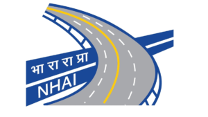 Blue emblem displaying white letters NHAI and Hindi text beside a curving grey road with a yellow centerline logo.