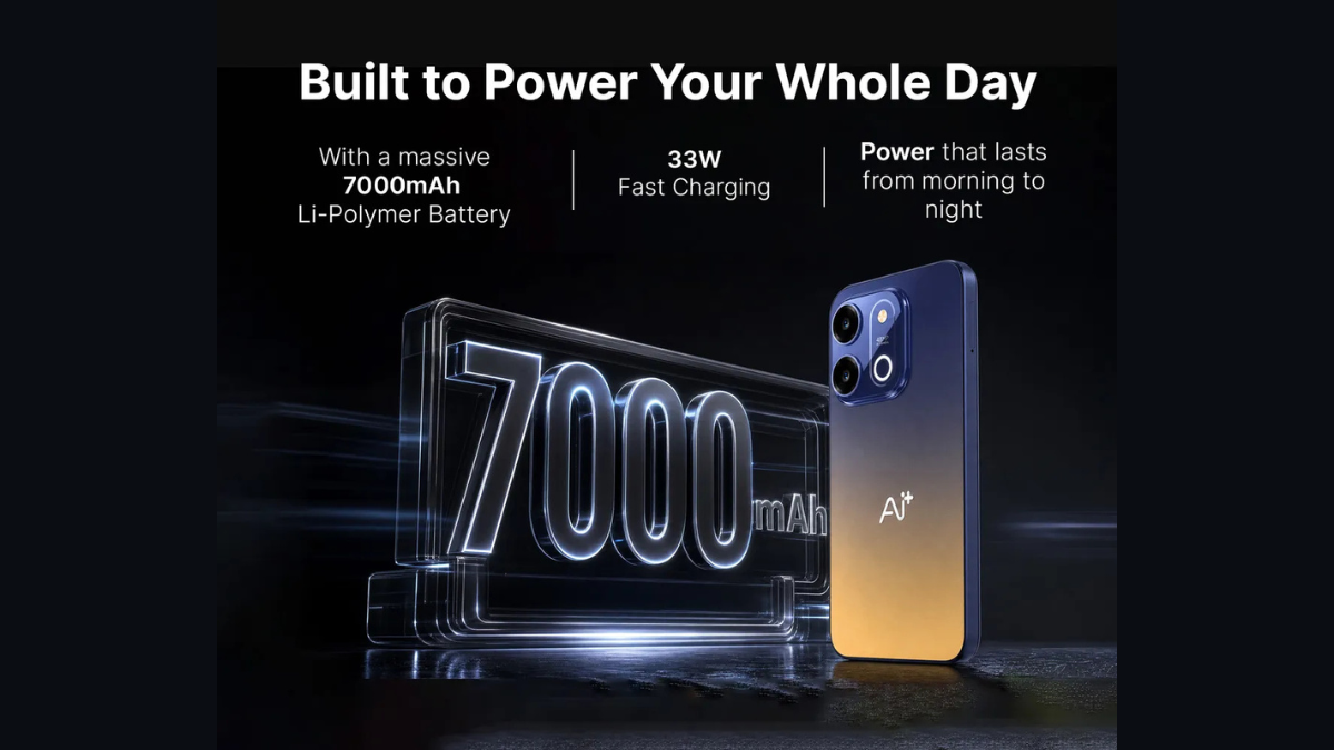 Glass 7000 mAh sign beside an upright dual-tone smartphone against a dark backdrop hardware.