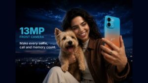 Text reading 13MP, small dog, and a woman holding the Ai+ Nova 2 Power 5G against blurred night city lights lifestyle.