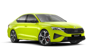 From left to right on white, a green Škoda Octavia RS sedan shows its side profile, alloy wheels, and front grille.