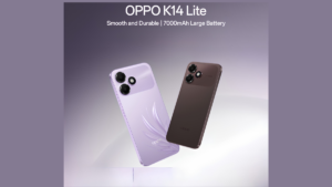 Feather Purple OPPO K14 Lite beside Stone Brown model showing rear dual cameras against purple backdrop display.