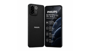 Black Philips S7221 5G rear panel showing camera module beside front display with hole-punch cutout smartphone.