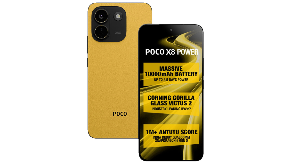 Colossal 10,000mAh battery anchors the new POCO X8 Power 5G 1 Yellow textured rear panel beside front screen showing POCO X8 Power specifications graphic.