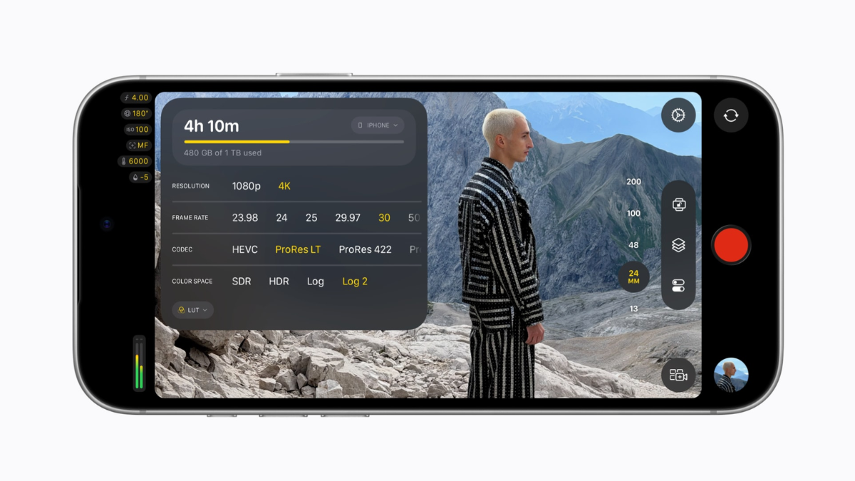 Final Cut Camera 2.4 Adds Variable Aperture Controls 2 Left settings menu, person in striped outfit against rocky mountains, right camera controls, interface.