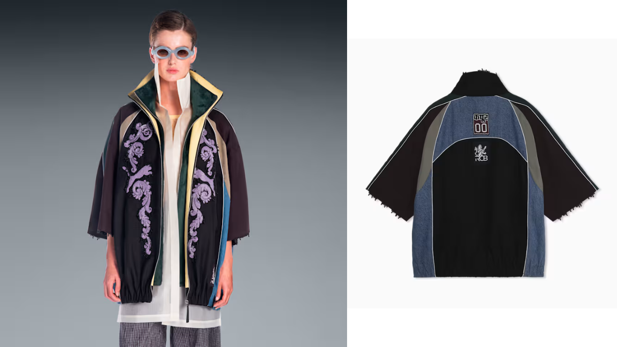 A model poses on the left in a half-sleeve jacket beside an isolated flat rear view of the garment on the right.
