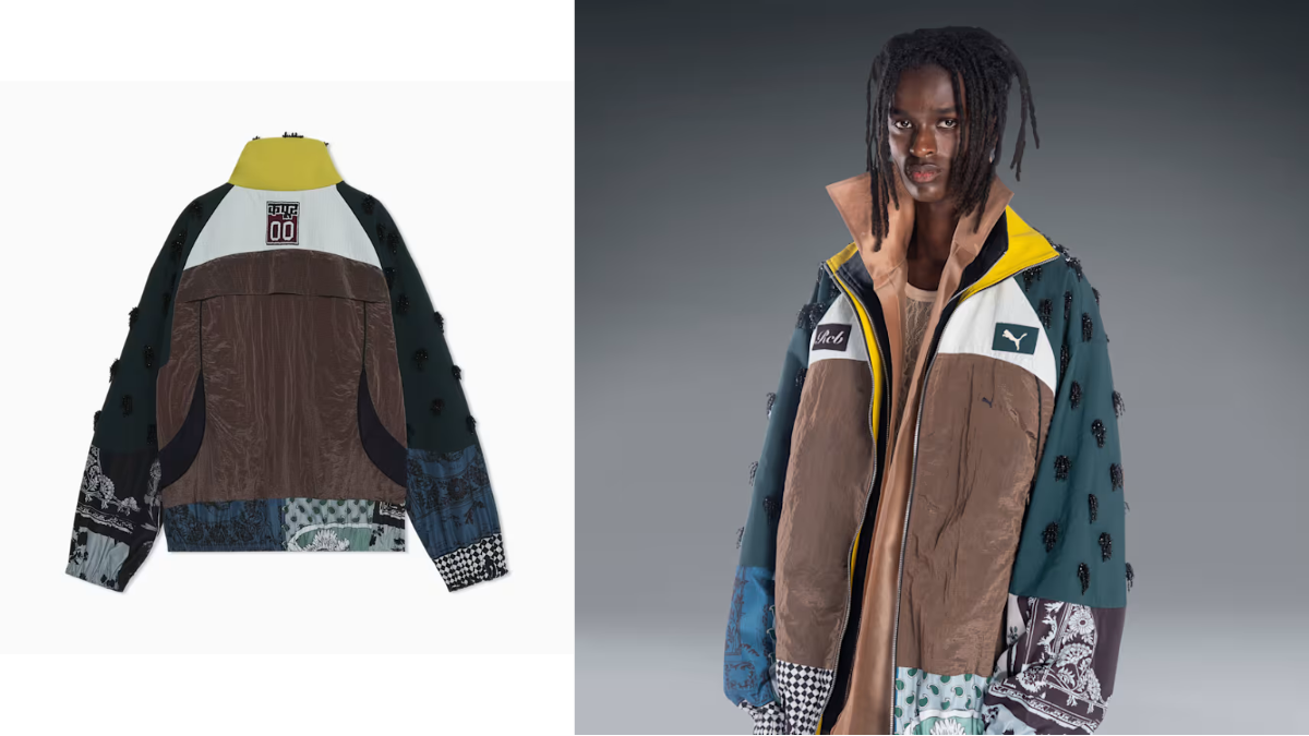 A flat rear view of a patchwork jacket sits on the left beside a model wearing the long-sleeve bomber on the right.