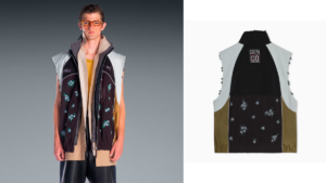 A model stands on the left in the PUMA x RCB x Dhruv Kapoor sleeveless jacket beside a rear view on the right.