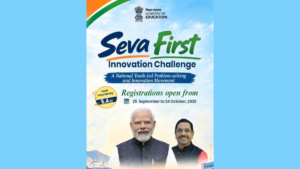 Students with backpacks in the foreground facing Narendra Modi, Pralhad Joshi, and Seva First Innovation Challenge text.