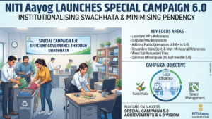 Employees sorting files near desks below a Special Campaign 6.0 banner inside an office