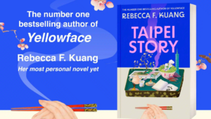 Promotional text sits on the left, beside an upright 3D book mockup of Taipei Story positioned on the right.