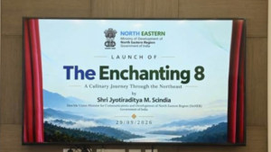 Television display showing title graphics for The Enchanting 8: A Culinary Journey Through the Northeast presentation.