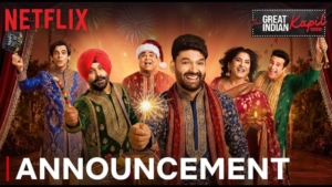 From left, cast members pose in ethnic wear for The Great Indian Kapil Show, with a banner below and fireworks behind.