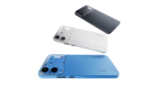 Blue Nothing Phone (4b) left foreground, white phone middle, dark grey phone right background, hovering, smartphones.