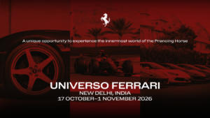Left to right: a wheel rim, a centre race car below Universo Ferrari text, and red sports cars parked on the right.