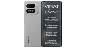 Rear panel with mini display beside camera lenses and front curved screen of Lava Virat Curve 5G smartphone.