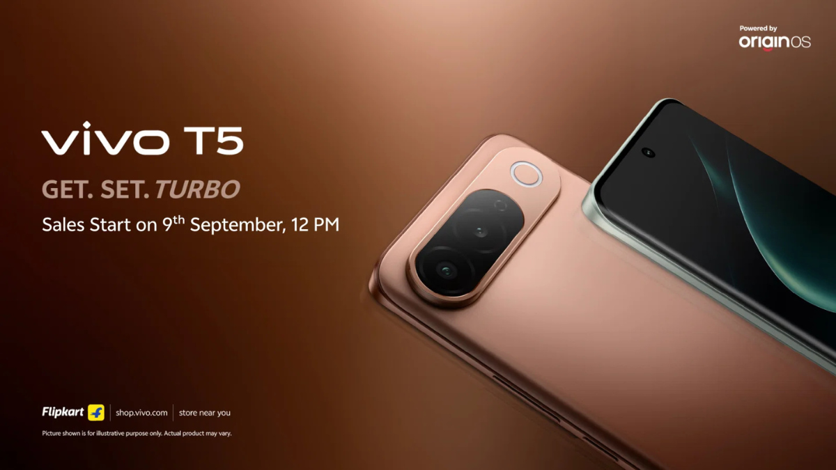 Launch text beside bronze camera casing and second phone display edge over a brown studio background.