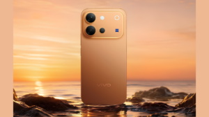 Dark wet rocks, gold Vivo V80 rear panel with Zeiss camera module, calm water, and orange sunrise sky exterior.