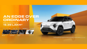 Text and feature insets on the left, with a white XUV 3XO REVX EDGE SUV on the right against an orange backdrop.