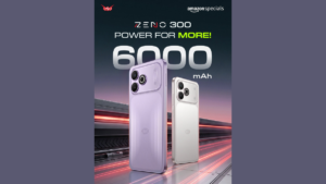 Lavender purple Zeno 300 on left, silver phone on right, 6000 mAh graphic with light trails background advertisement.