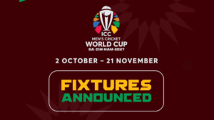 On a dark red background, the central ICC Men’s Cricket World Cup 2027 logo sits above a box reading fixtures announced.