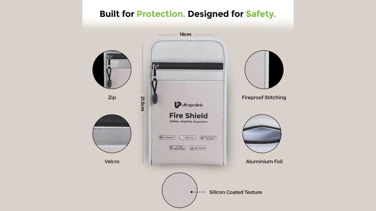 UltraProlink FireShield Fire-Resistant Power Bank Pouch Arrives in India 2 Text labels, two-layer inset, curved silicone sheet, woven fibreglass cloth, and dimpled aluminium foil layer diagram