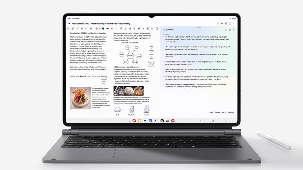 Galaxy Tab S12 Series Arrives With 3nm Dimensity 9500 1 A large tablet connected to a dark grey keyboard accessory, displaying a multi-window layout with text and images.